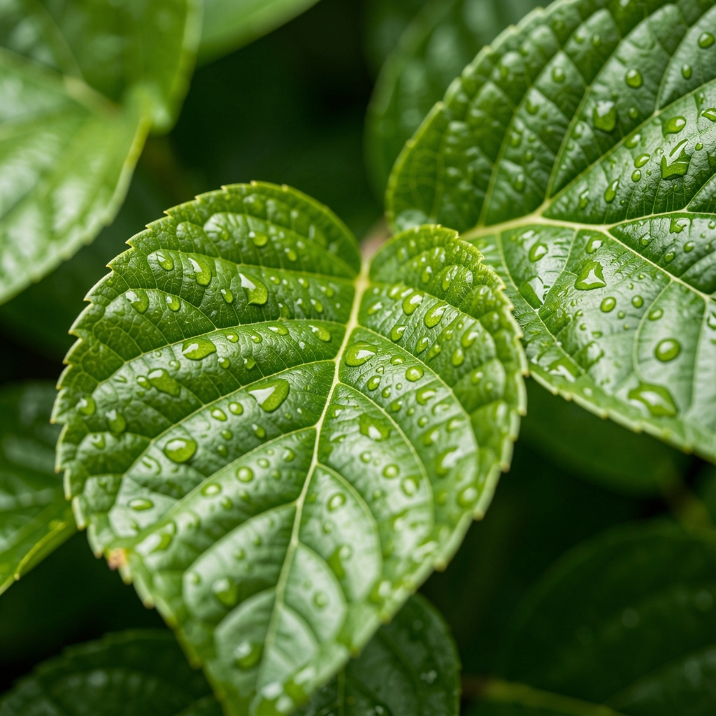 Vue macro de feuilles vertes brillantes avec des nervures visibles et des gouttes d'eau, fond flou vert, lumière naturelle diffuse
