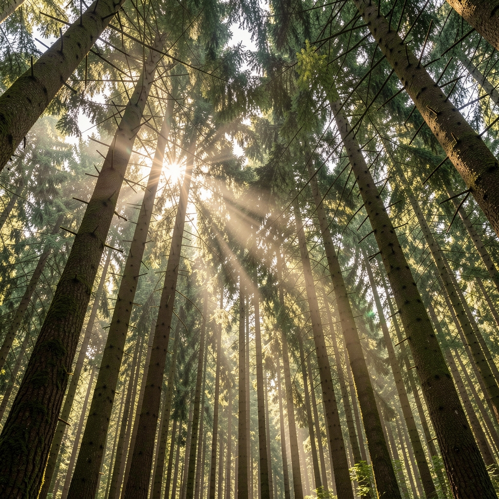 Forêt de conifères dense photographiée depuis le sol vers la cime des arbres, rayons de lumière solaire perçant entre les branches, atmosphère silencieuse et apaisante