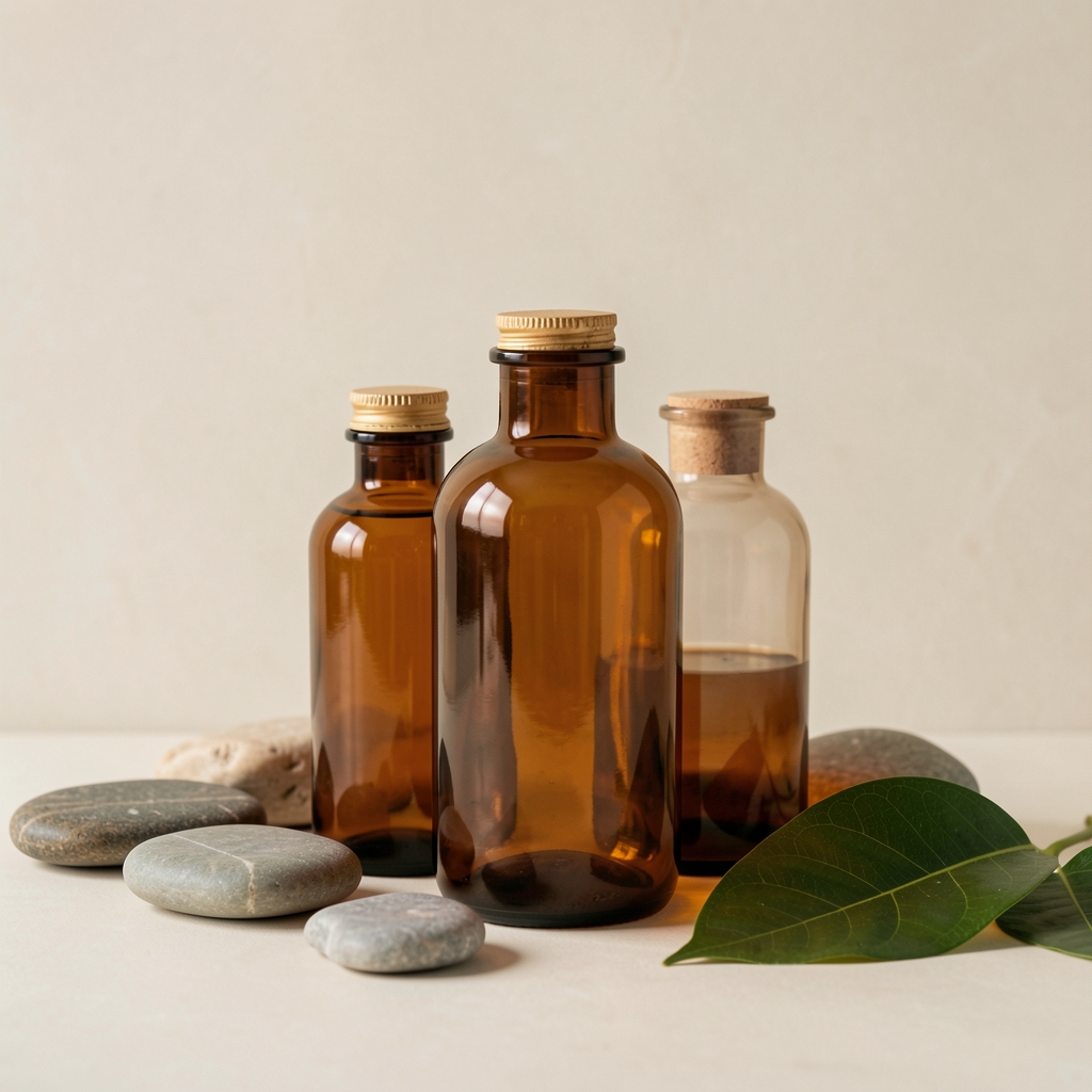 Composition minimaliste de flacons en verre ambré, pierres lisses et feuilles d'eucalyptus disposées sur un plateau en marbre blanc, ambiance spa naturel