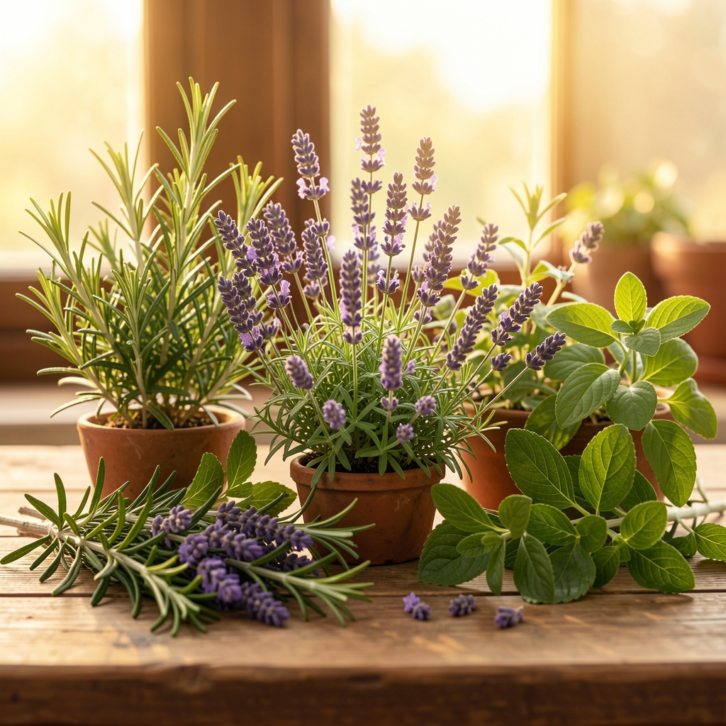 Arrangement botanique élégant de plantes aromatiques fraîches — romarin, lavande et feuilles vertes — disposées sur une table en bois naturel avec une lumière dorée et douce en arrière-plan